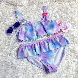 Bmagical by Btween Purple Blue Tye Dye Ruffle Skirt Bikini Sunglass Set Size 10